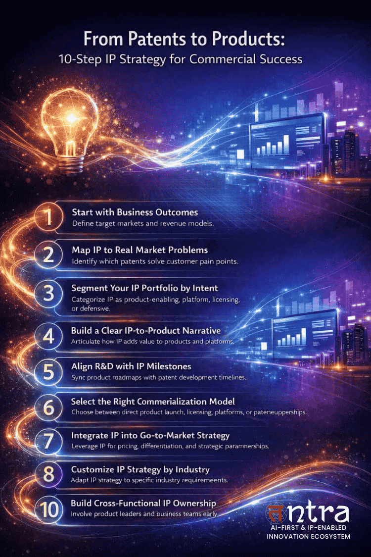 Infographic illustrating a 10-step IP strategy with commercial goals framework showing patent to product commercialization process and strategic IP planning.