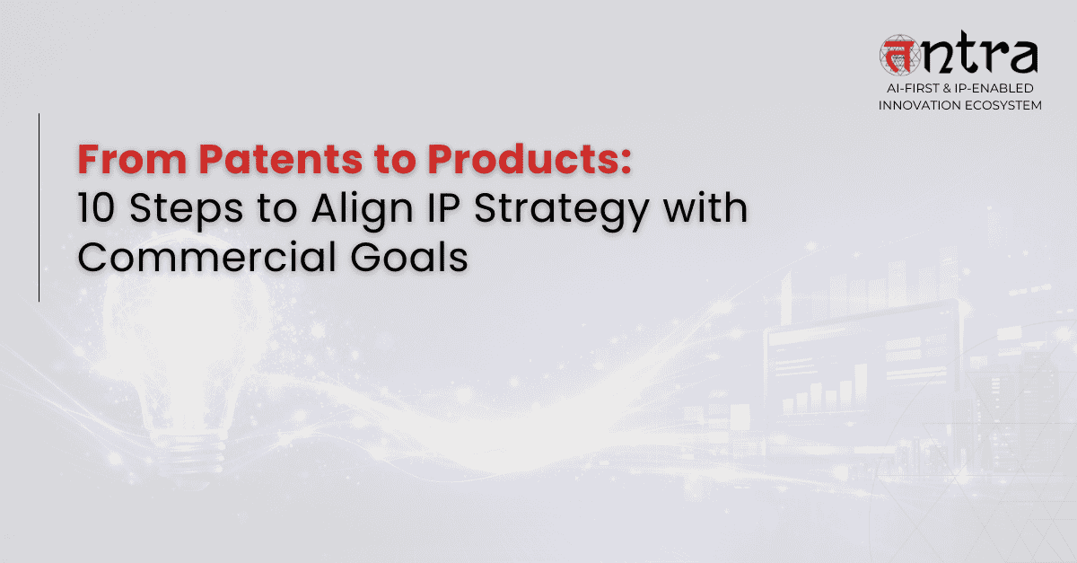 Abstract visualization of IP strategy with commercial goals showing patent to product transformation through digital innovation and commercialization framework